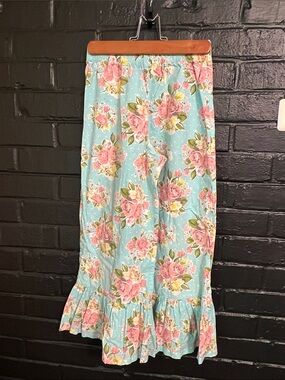 Serendipity Floral Ruffle Hem Pants - Pink Roses on Light Blue